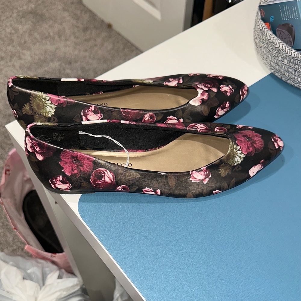 Christian Siriano Black and Pink Floral Flats